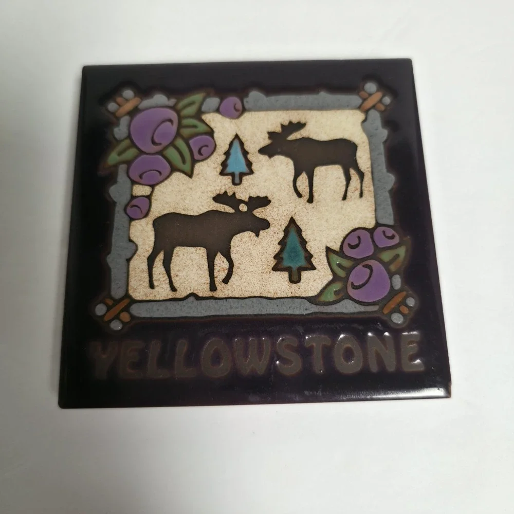 Masterworks Yellowstone Art Tile Trivet Moose Huckleberry Handcrafted Purple 4X4